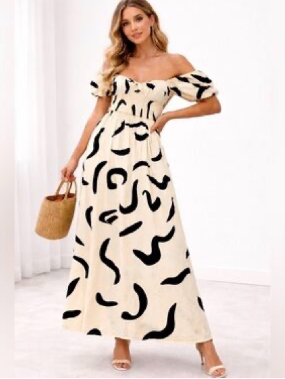 Japna Cream Midi Dress with Black Abstract Print and Puff Sleeves